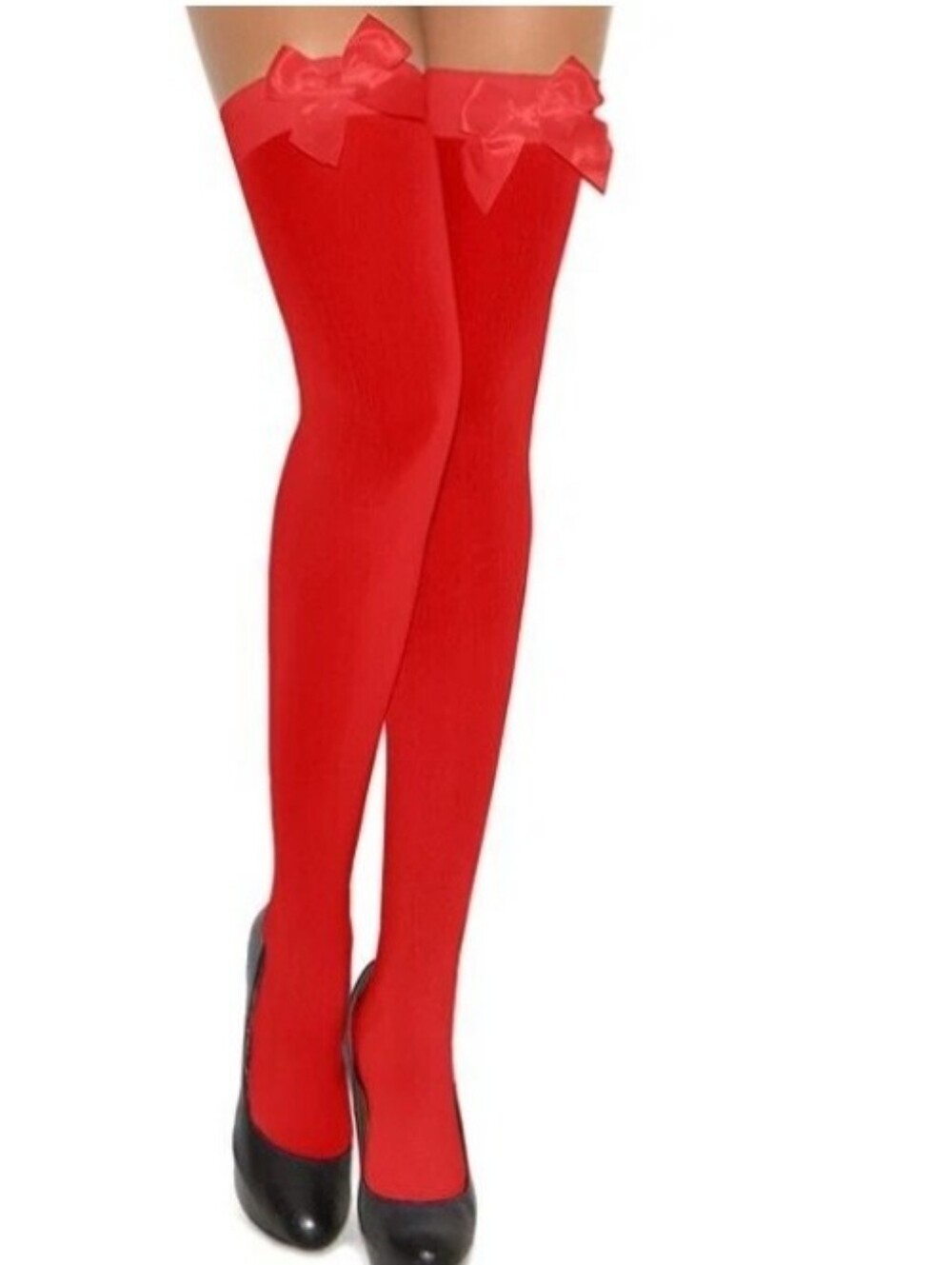 Red Thigh-High Bow Accent Stockings - Women Accessories